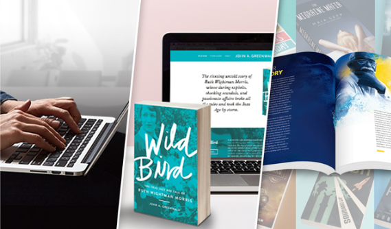 Warm Socks studio work: cover design, author website, and printed interior spreads